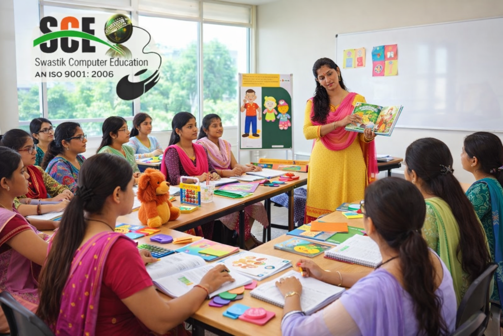 Montessori classroom setup in India, wooden learning materials, children engaged in hands-on learning, teacher observing and guiding, natural sunlight from windows, minimalistic and clean classroom, educational toys, realistic photography, professional quality, 4k