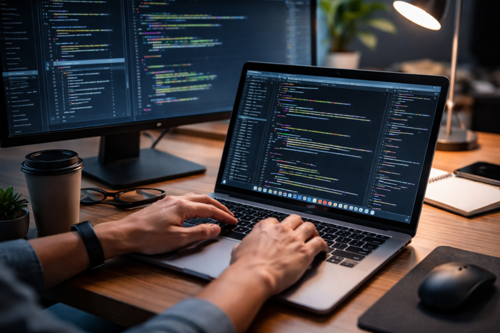 Modern coding workspace with a laptop and external monitor displaying colorful programming code while a developer types on the keyboard.