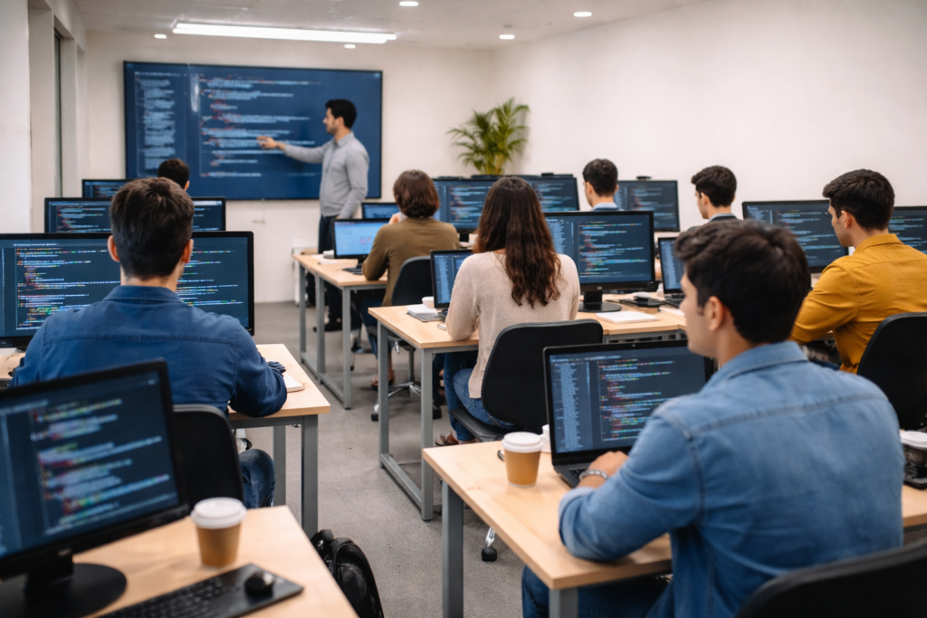 Students learning programming in a modern computer training institute classroom with instructor teaching coding
