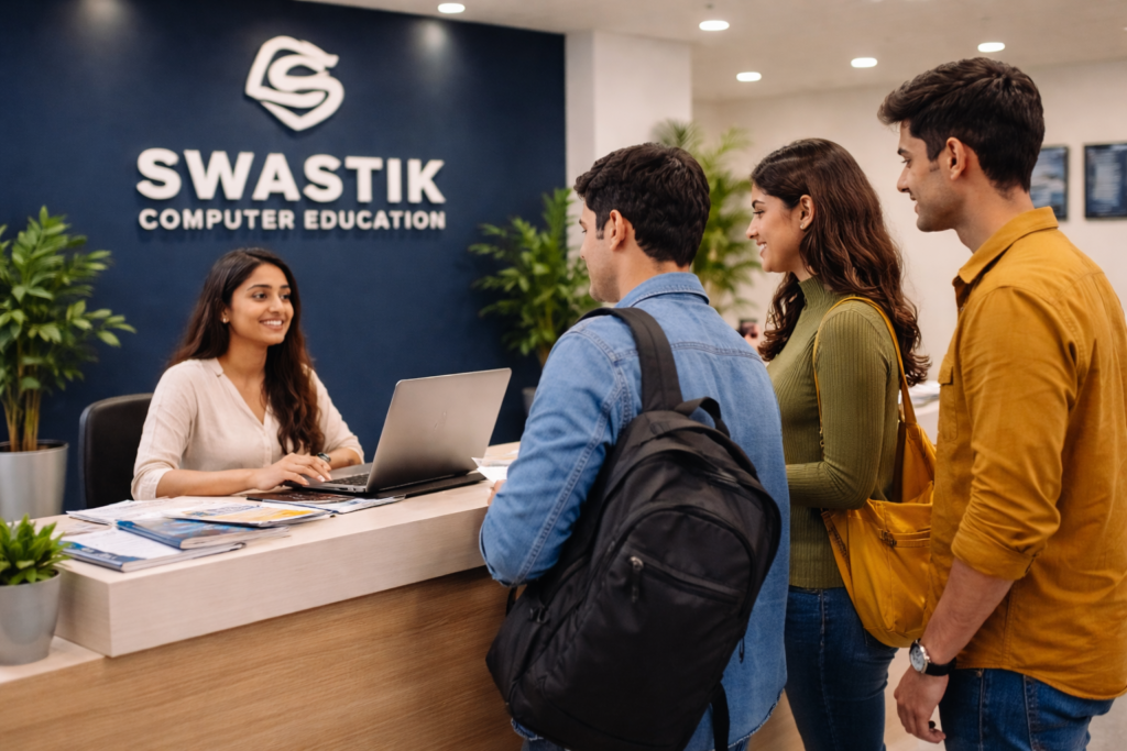 Students discussing admission with receptionist at modern computer institute reception desk