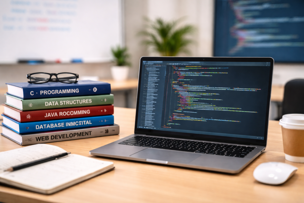Programming books and laptop displaying code on desk in modern computer learning environment