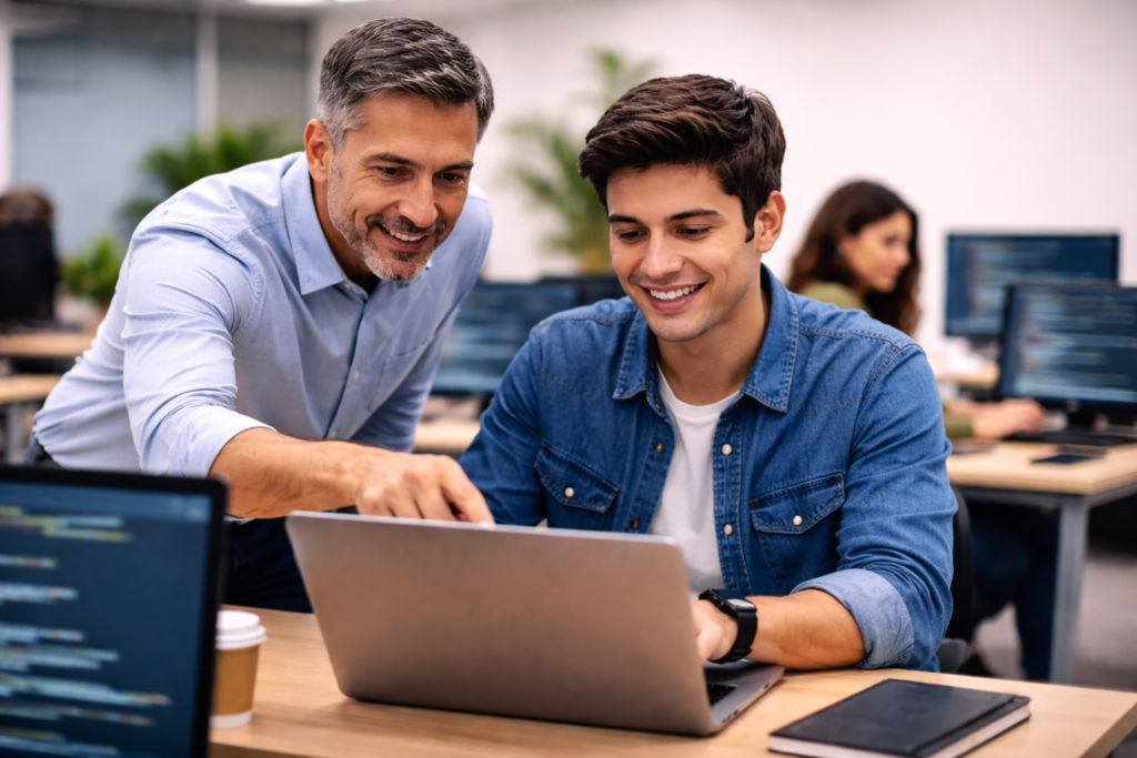 Mentor guiding student on laptop coding project in modern computer lab classroom