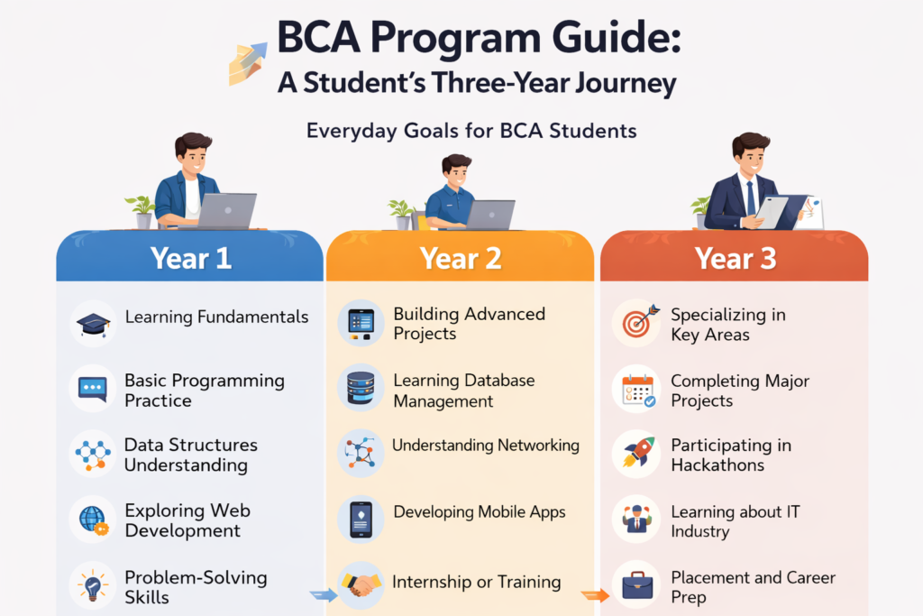 Three year BCA course roadmap with daily programming goals and technology learning plan
