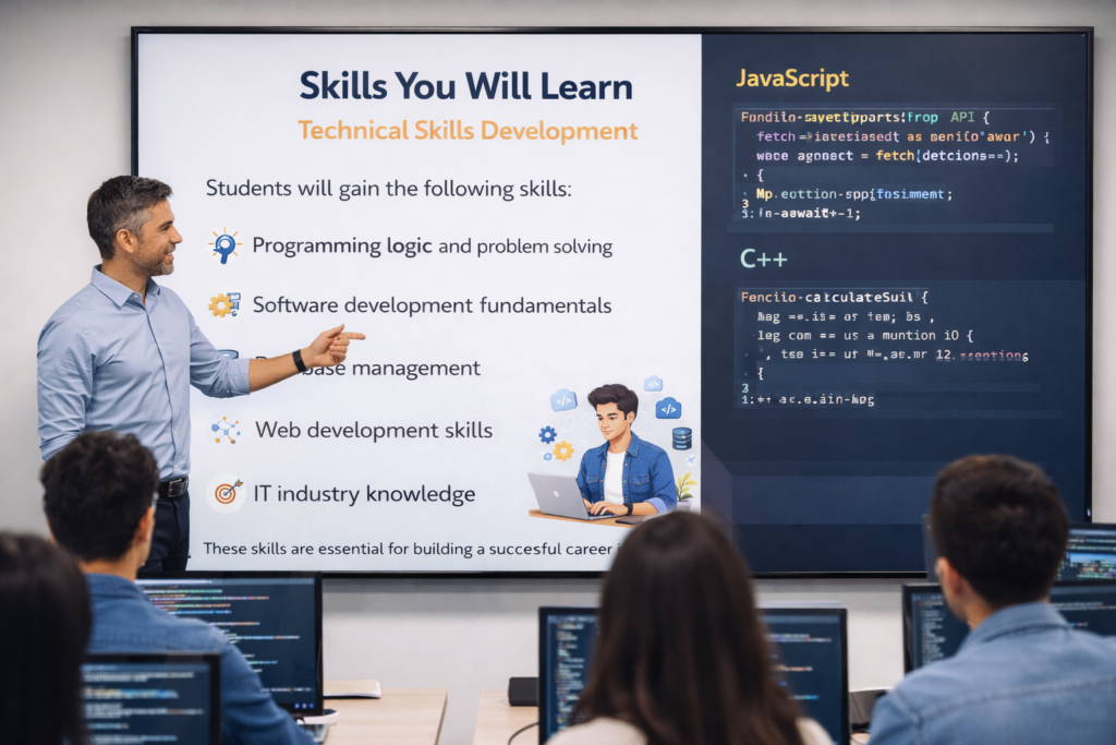 Teacher explaining programming skills and JavaScript C++ code on large screen to students in computer lab